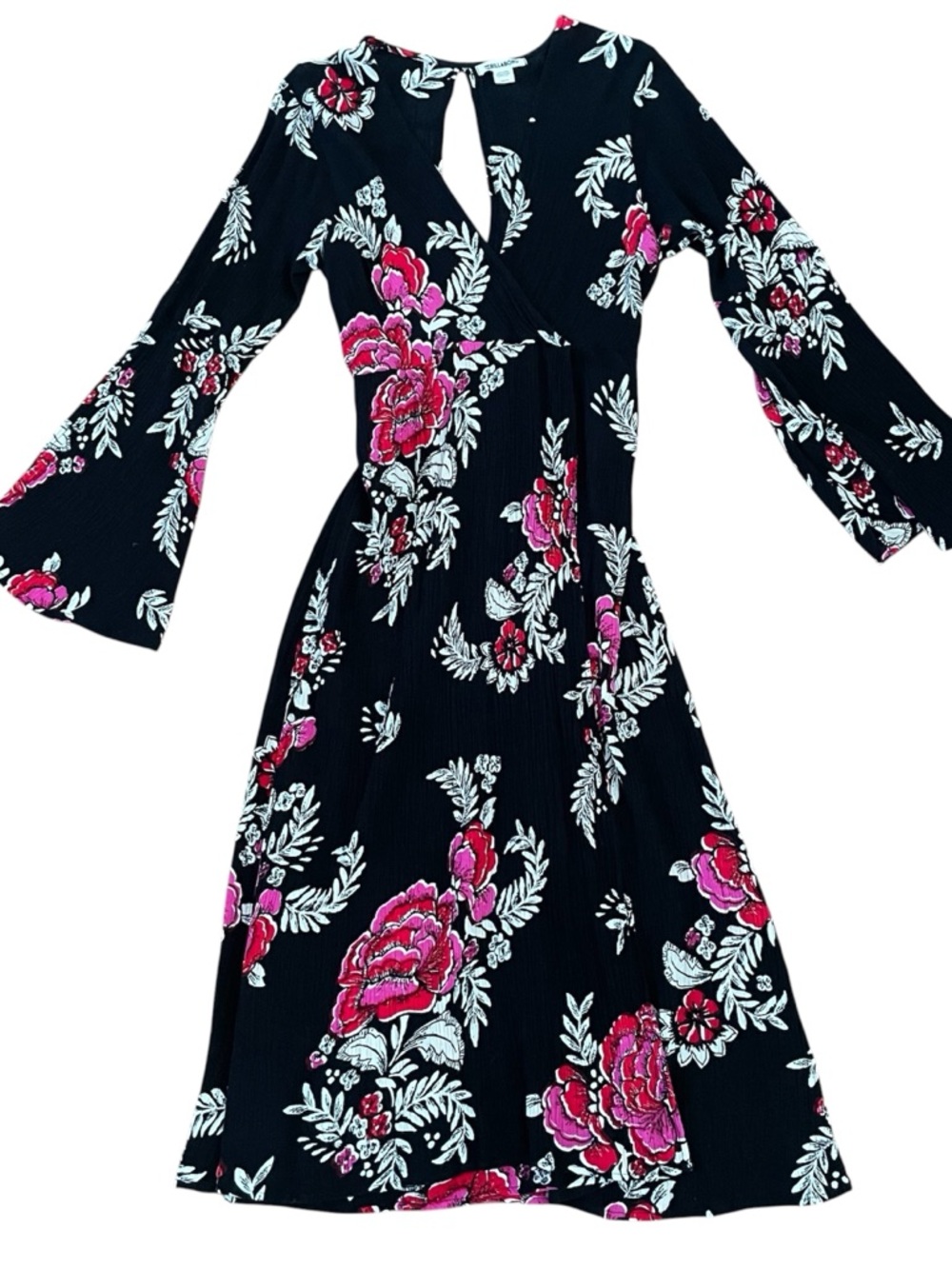 Billabong Black Long Sleeve Floral Midi Dress with Pink and White Accents